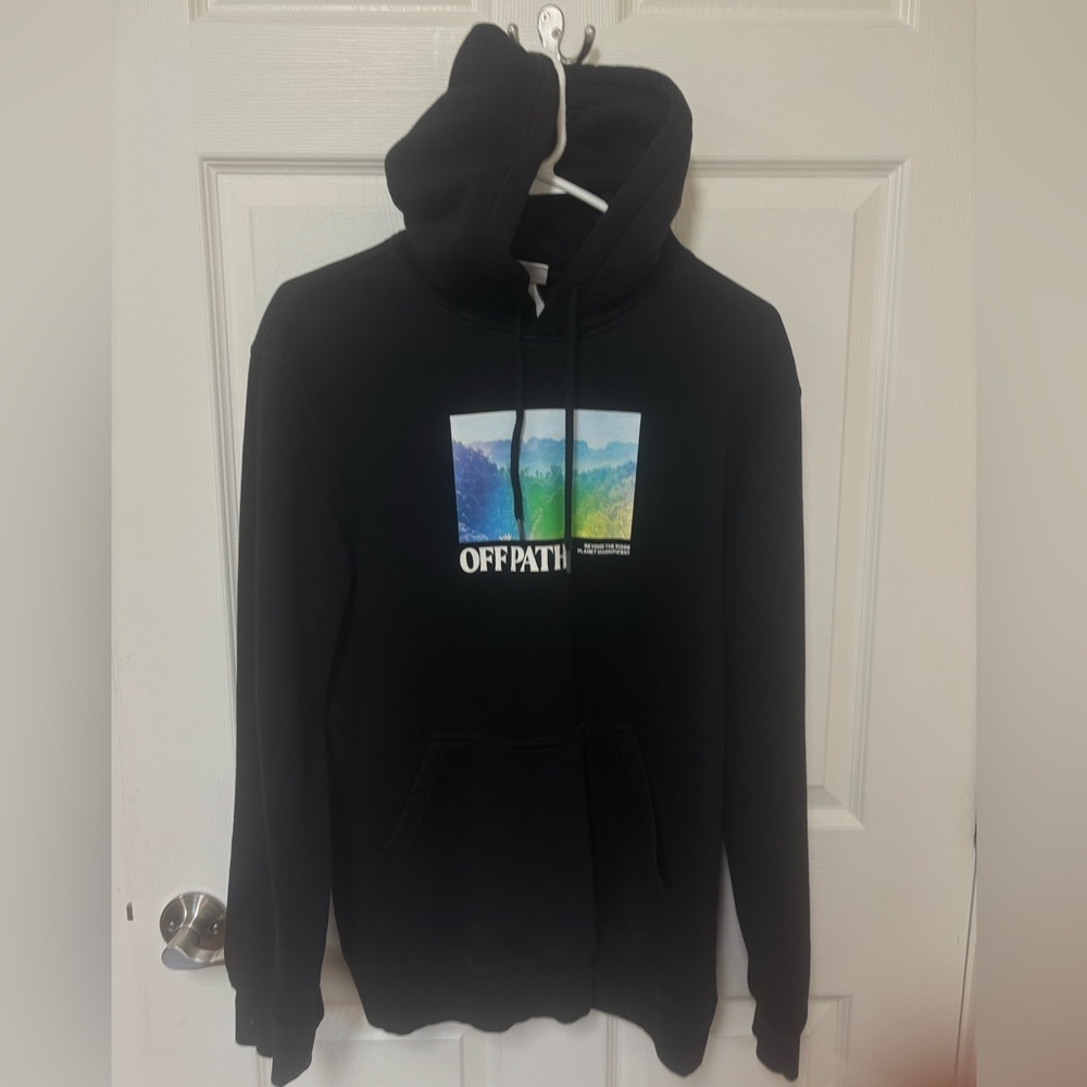 H&M Black Hoodie with Color Gradient Landscape Graphic
